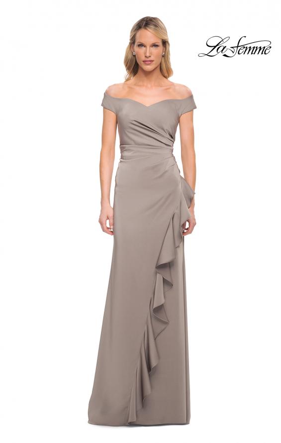 Picture of: Off the Shoulder Jersey Evening Gown with Ruffle Skirt Detail in Platinum, Detail Picture 2