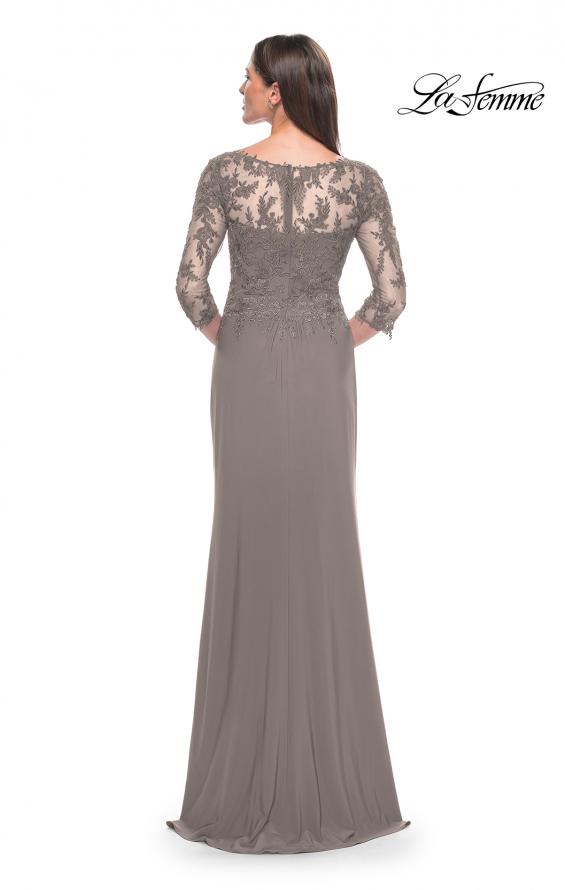 Picture of: Long Evening Gown with Lace Illusion Sleeves and Neckline in Platinum, Style: 30385, Detail Picture 2