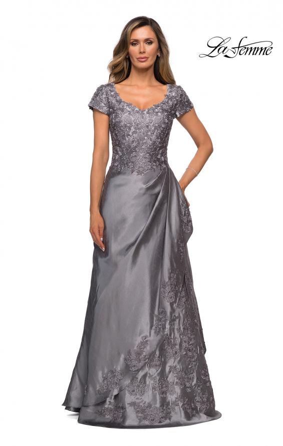 Picture of: V-neck Jersey Floor Length Gown with Short Sleeves in Platinum, Style: 27033, Detail Picture 4