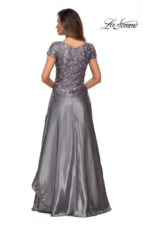 Picture of: V-neck Jersey Floor Length Gown with Short Sleeves in Platinum, Style: 27033, Detail Picture 5