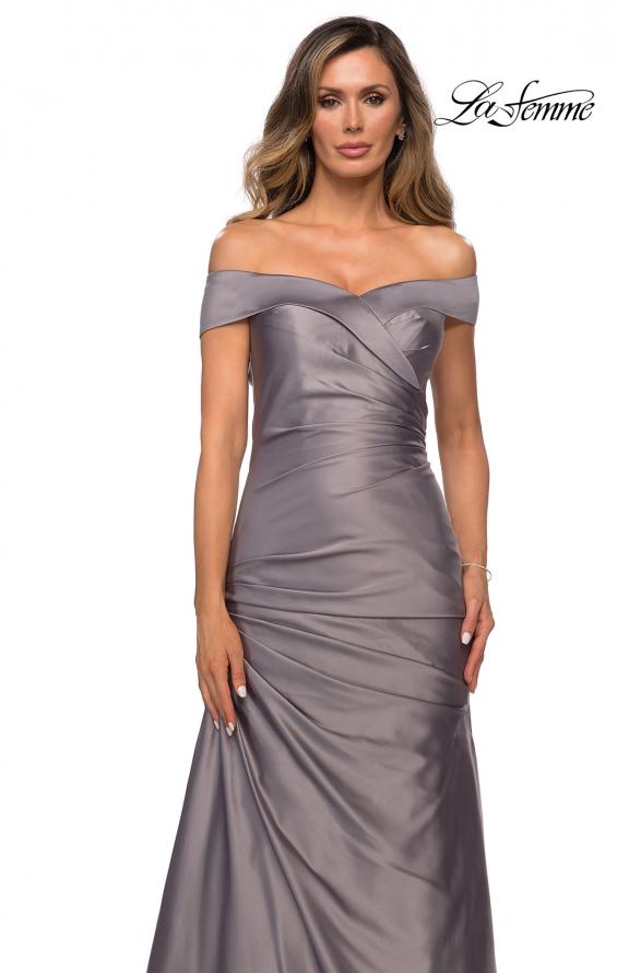 Picture of: Off the Shoulder Satin Evening Dress with Pleating in Platinum, Style: 28103, Detail Picture 6