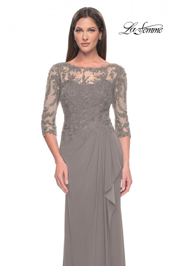 Picture of: Long Evening Gown with Lace Illusion Sleeves and Neckline in Platinum, Style: 30385, Detail Picture 7
