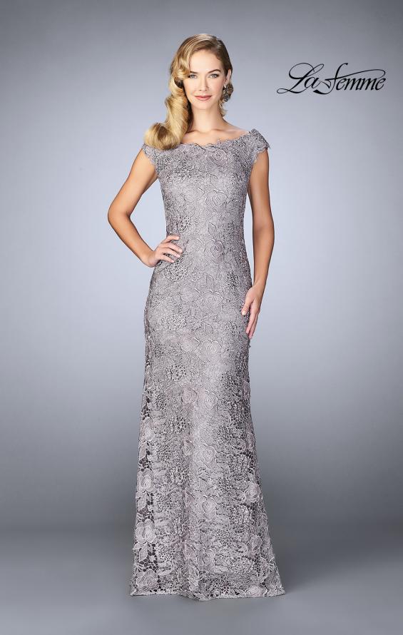 Picture of: Long Metallic Lace Prom Dress with Boat neck in Platinum, Style: 24860, Main Picture