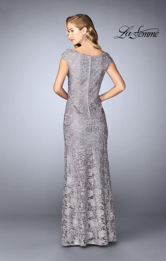 Picture of: Long Metallic Lace Prom Dress with Boat neck in Platinum, Style: 24860, Back Picture