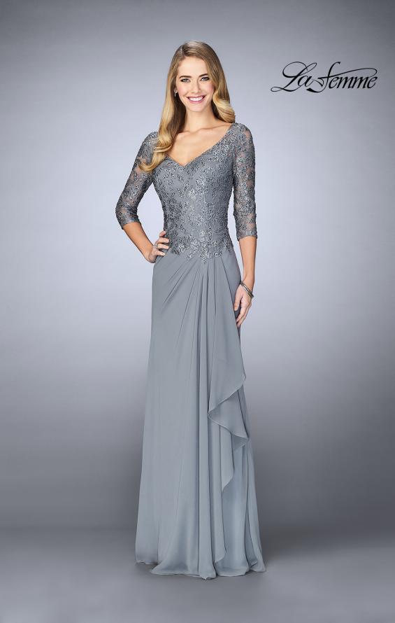 Picture of: Crepe Chiffon Gown with Lace Sweetheart Neckline in Platinum, Style: 24857, Detail Picture 1