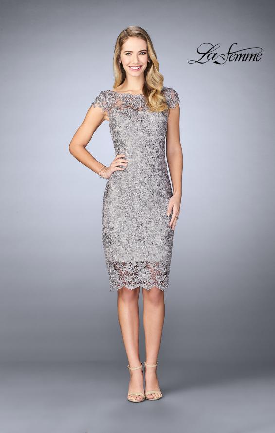 Picture of: Short Metallic Lace Dress with Sheer Top and Hem in Platinum, Style: 24861, Detail Picture 1