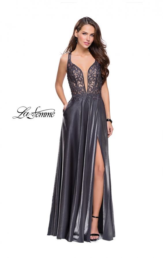 Picture of: Two Tone A-line Gown with Lace Bodice and Leg Slit in Platinum, Style: 25907, Main Picture