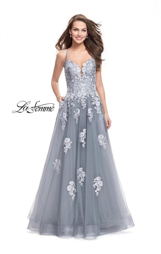 Picture of: Long Floral Lace Ball Gown with Tulle Skirt in Platinum, Style: 26236, Main Picture