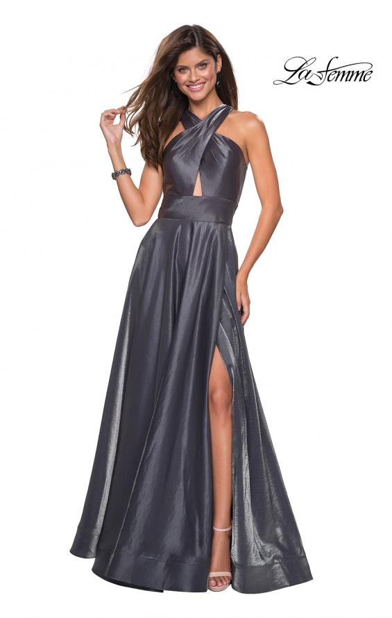 Picture of: Tone Tone Satin Dress with Wrap Around High Neckline in Platinum, Style: 27151, Main Picture