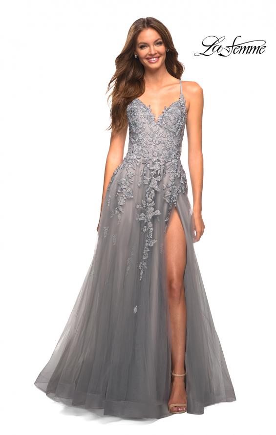 Picture of: Gorgeous Lace and Tulle Ball Gown with High Slit in Silver, Style: 30591, Detail Picture 8
