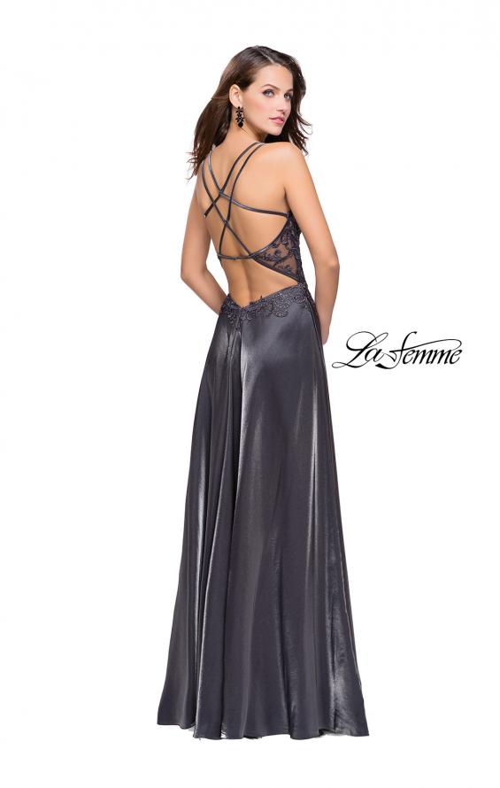 Picture of: Two Tone A-line Gown with Lace Bodice and Leg Slit in Platinum, Style: 25907, Back Picture