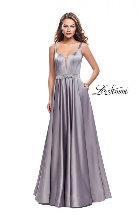 Picture of: Satin Prom Dress with A Line Skirt and Beaded Belt in Platinum, Style: 24821, Detail Picture 1