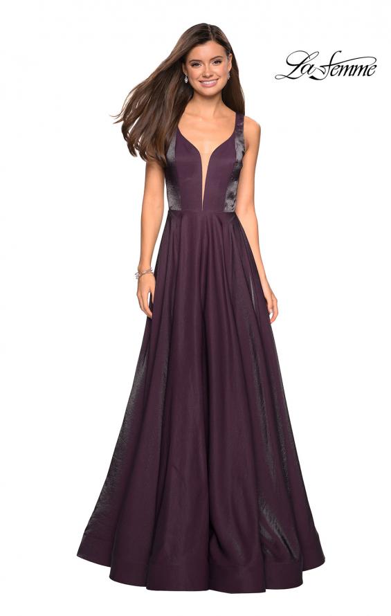 Picture of: Two Tone Satin Long Gown with Plunging Neckline in Plum, Style: 27049, Main Picture