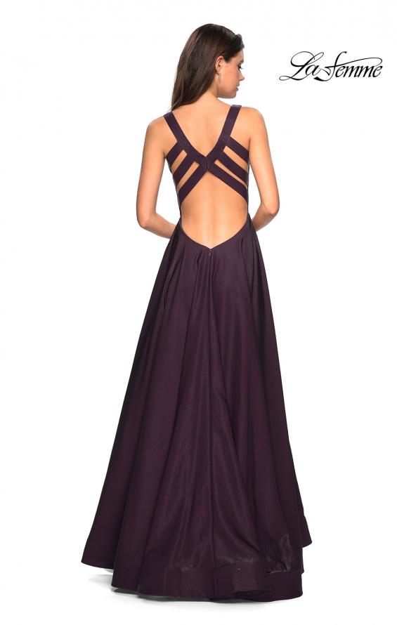 Picture of: Two Tone Satin Long Gown with Plunging Neckline in Plum, Style: 27049, Back Picture