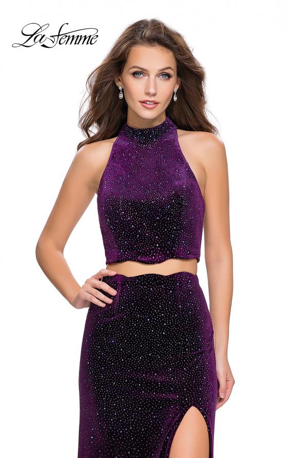 Picture of: Two Piece Velvet Prom Dress with Scallop Detail and Slit in Plum, Style: 25667, Detail Picture 2