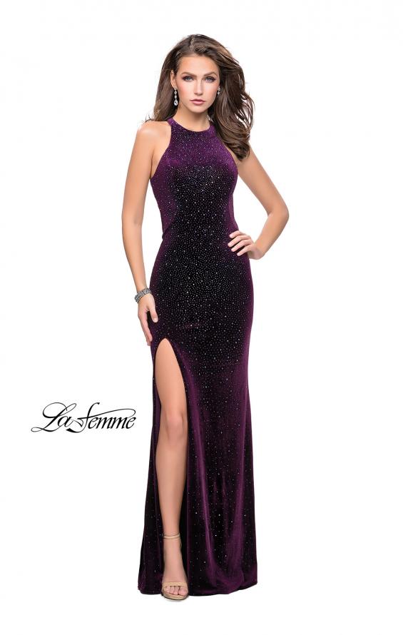 Picture of: Long Sparkling Velvet Prom Dress with Open Racer Back in Plum, Style: 25517, Detail Picture 5