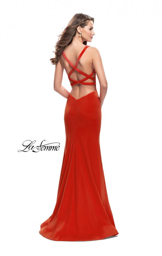 Picture of: Long Form Fitting Jersey Prom Dress with Open Back in Poppy Red, Style: 25651, Back Picture