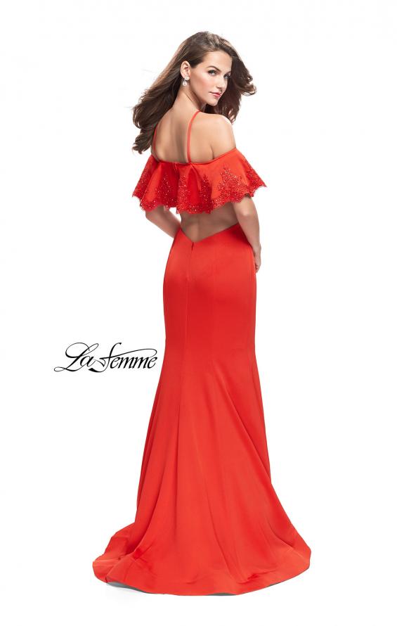 Picture of: Form Fitting Satin Mermaid Dress with Shoulder Cutouts in Poppy Red, Style: 26145, Back Picture