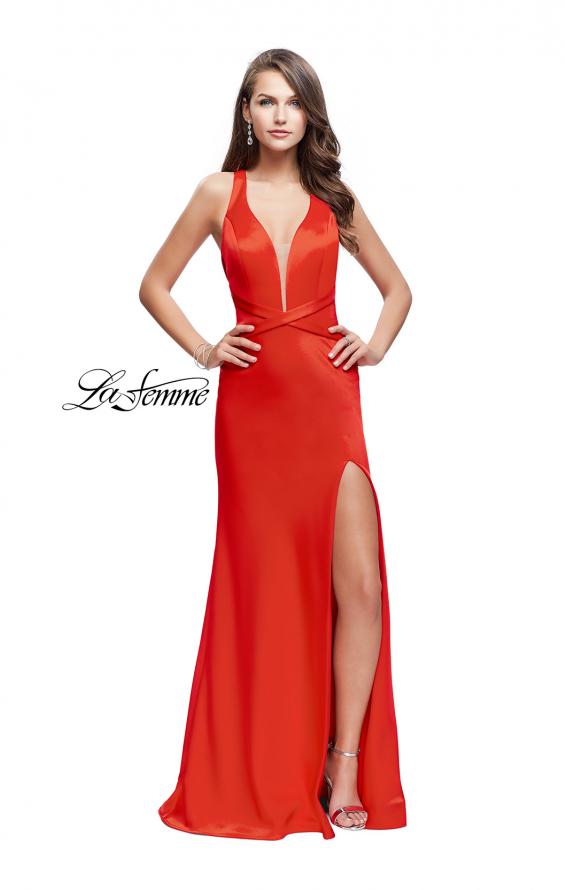 Picture of: Halter Top Prom Dress with Deep V Neckline and Slit in Poppy Red, Style: 25904, Detail Picture 3