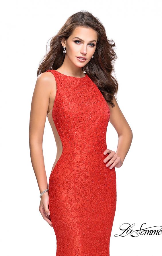 Picture of: Lace Mermaid Dress with Sheer Sides and Low Back in Poppy Red, Style: 24903, Detail Picture 6