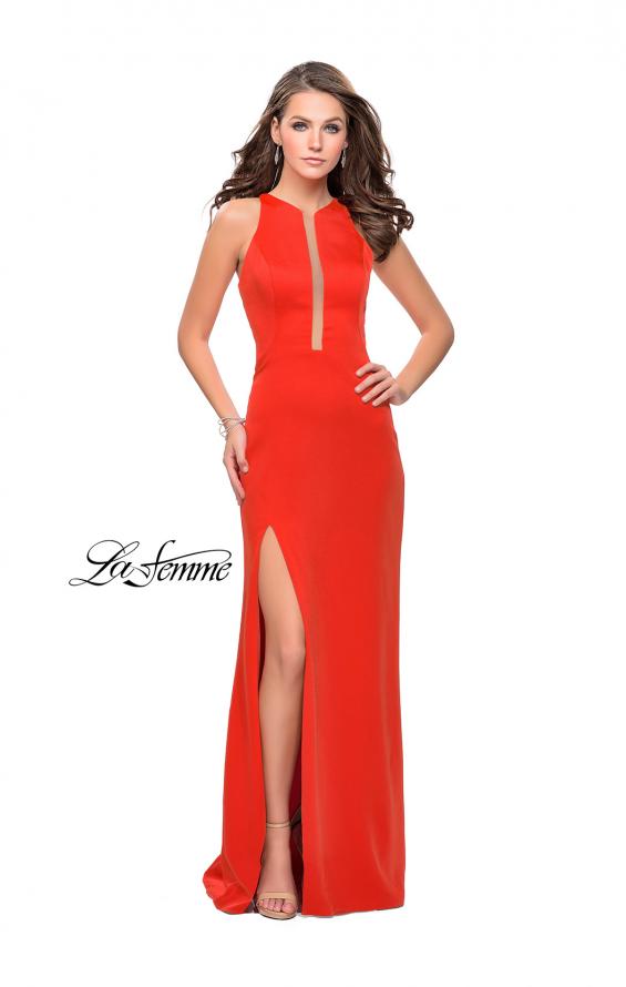 Picture of: High Neck Satin Gown with Leg Slit and Strappy Back in Poppy Red, Style: 25962, Detail Picture 6