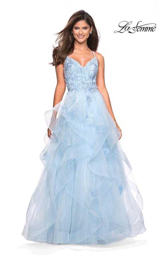 Picture of: Floor Length Tulle Dress with Floral Embellishments in Powder Blue, Style: 27579, Main Picture