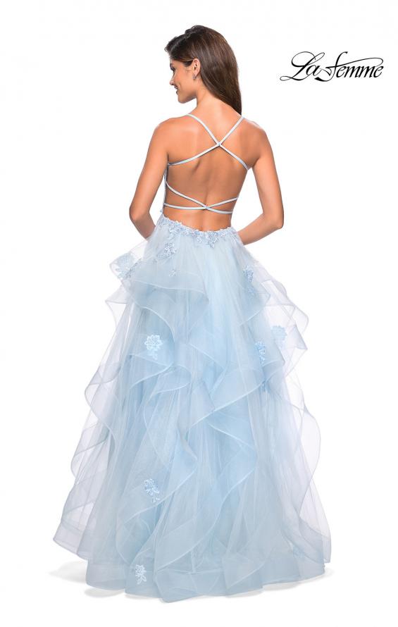 Picture of: Floor Length Tulle Dress with Floral Embellishments in Powder Blue, Style: 27579, Back Picture