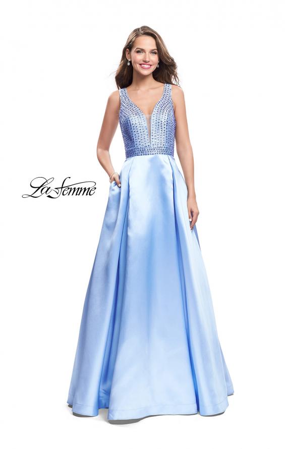 Picture of: A-line Pleated Satin Prom Gown with Metallic Beading in Powder Blue, Style: 26293, Main Picture