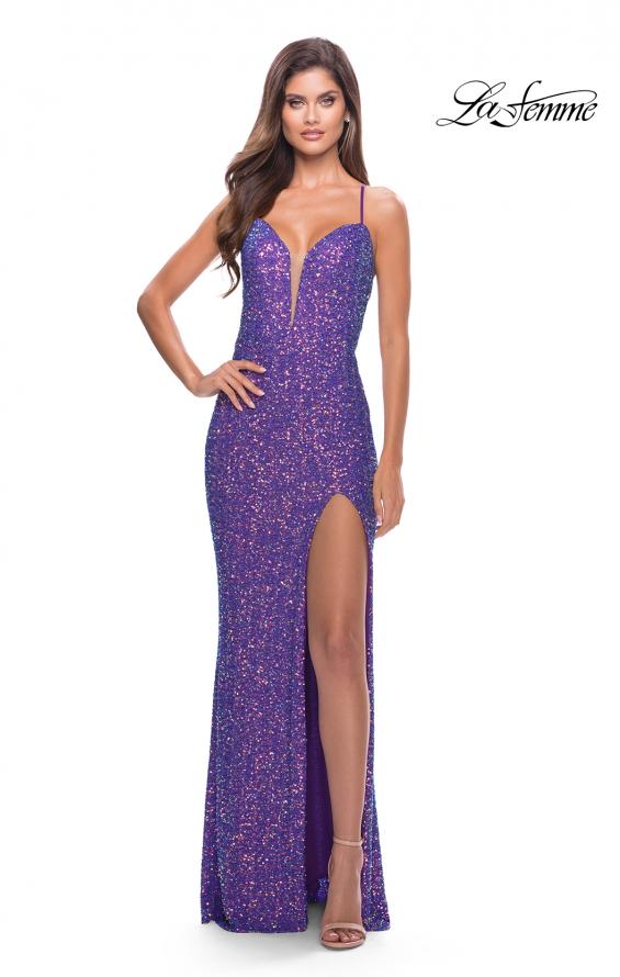 Picture of: Stretch Sequin Gown with Deep V Neck and Tie Back in Bright Colors in Purple, Style: 31430, Main Picture