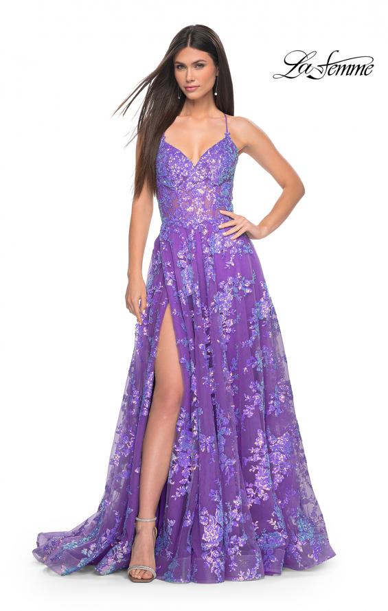 Picture of: Unique Sequin Lace A-line Prom Dress with High Slit in Purple, Style: 32291, Main Picture