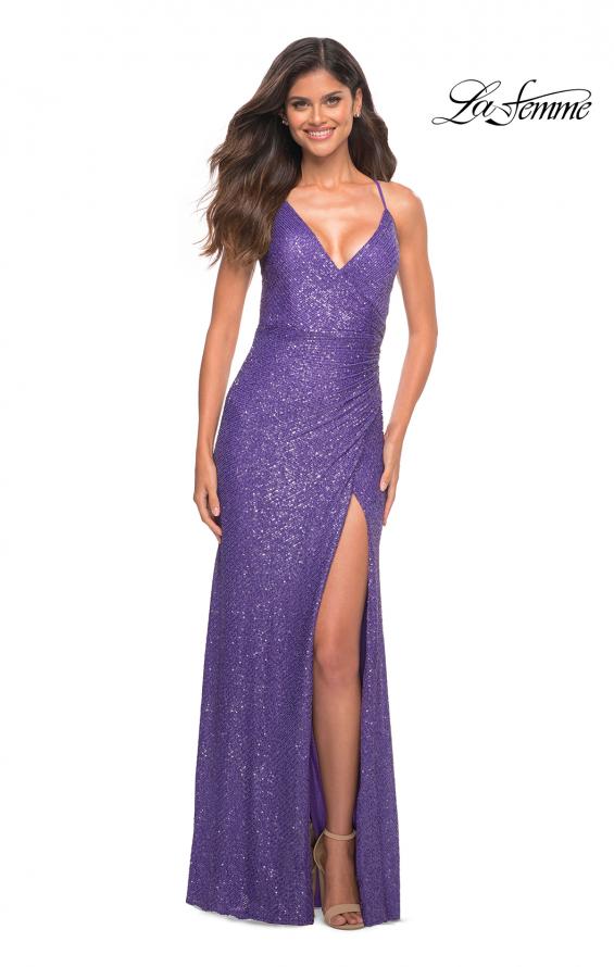 Picture of: Vibrant Wrap Style Sequin Dress with Slit in Purple, Detail Picture 10