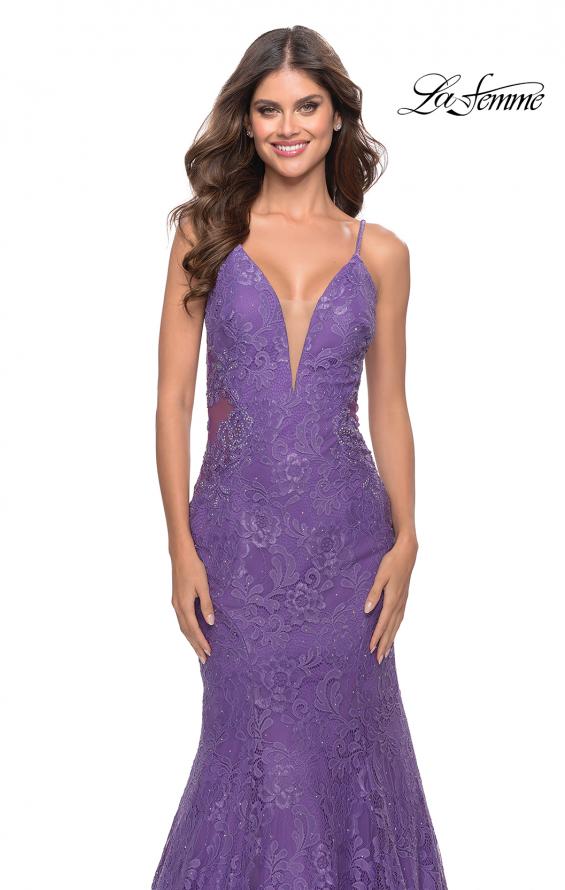 Picture of: Long Mermaid Lace Dress with Back Rhinestone Detail in Purple, Style: 31512, Detail Picture 12