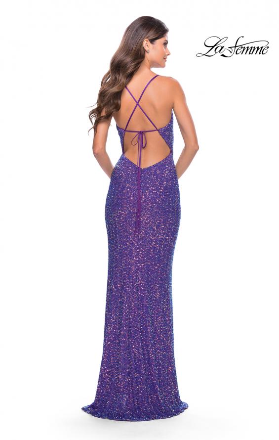 Picture of: Stretch Sequin Gown with Deep V Neck and Tie Back in Bright Colors in Purple, Style: 31430, Back Picture