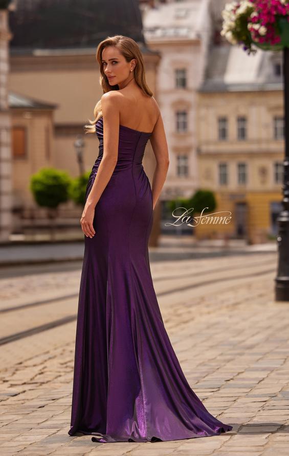 Purple Picture of: Strapless Metallic Jersey Gown with Ruching and Fitted Silhouette in Purple, Style: 33424, Back Picture
