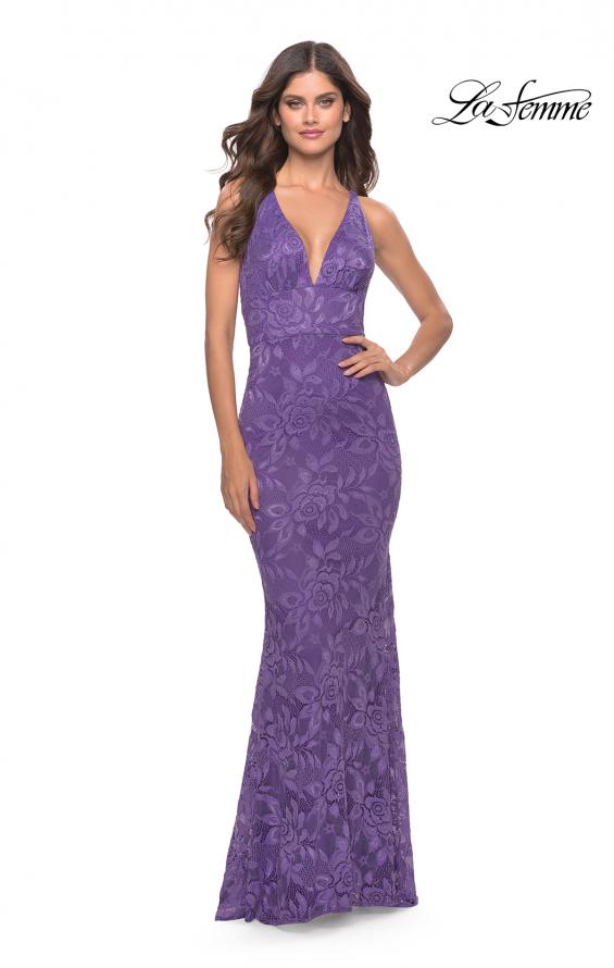 Picture of: Fitted Stretch Lace Prom Dress with Banded Waist in Purple, Style: 31234, Detail Picture 1