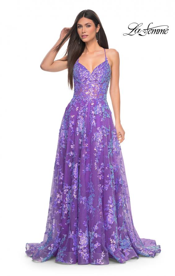 Picture of: Unique Sequin Lace A-line Prom Dress with High Slit in Purple, Style: 32291, Detail Picture 1