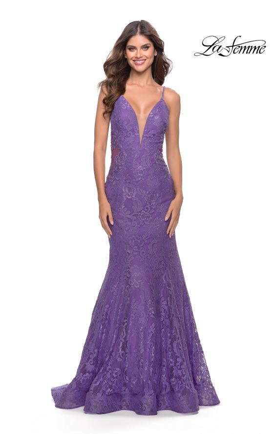 Picture of: Long Mermaid Lace Dress with Back Rhinestone Detail in Purple, Style: 31512, Detail Picture 3