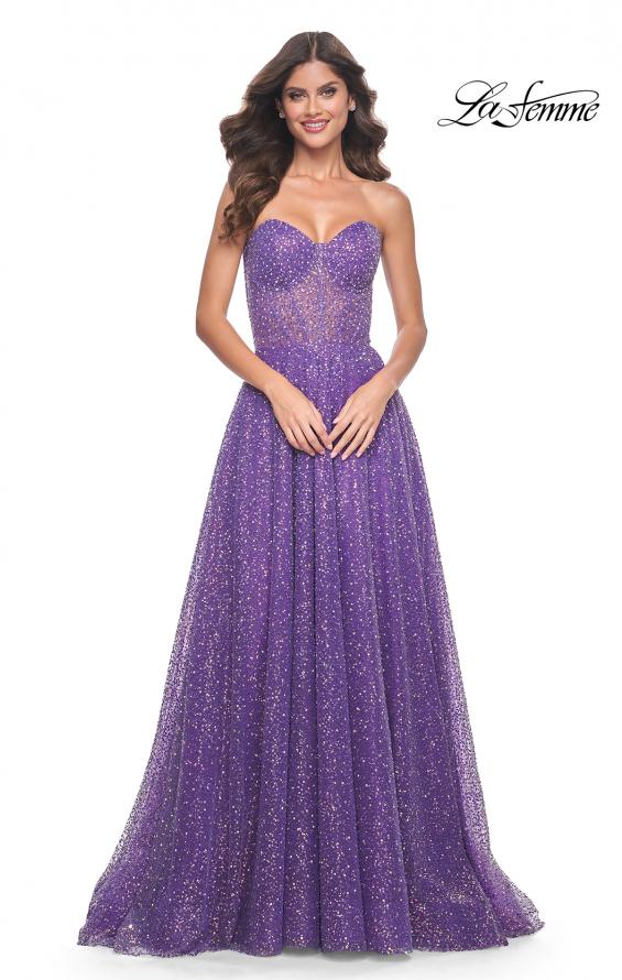 Picture of: Sequin Rhinestone A-Line Tulle Sweetheart Gown with Lace Up Back in Purple, Style: 32136, Detail Picture 3