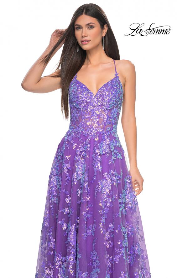 Picture of: Unique Sequin Lace A-line Prom Dress with High Slit in Purple, Style: 32291, Detail Picture 3