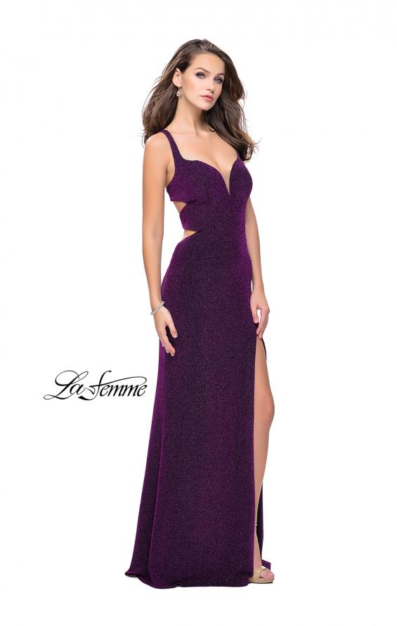 Picture of: Sparkly Jersey Prom Dress with Cut Outs and Side Leg Slit in Purple, Style: 25215, Detail Picture 4