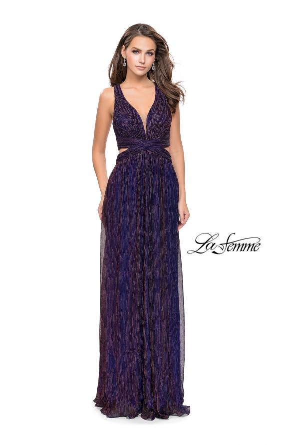 Picture of: Pleated Lame Prom Dress with Cut Outs and a Deep V in Purple, Style: 25643, Detail Picture 2