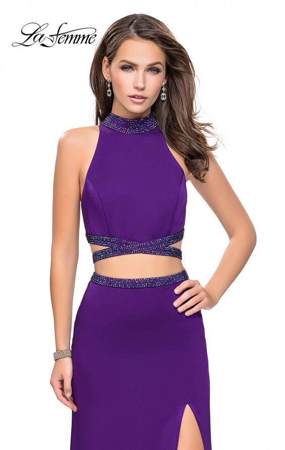 Picture of: Two Piece Prom Gown with Beaded Choker and Leg Slit in Purple, Style: 25746, Detail Picture 4