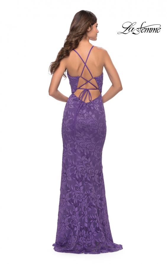 Picture of: Fitted Stretch Lace Prom Dress with Banded Waist in Purple, Style: 31234, Detail Picture 7