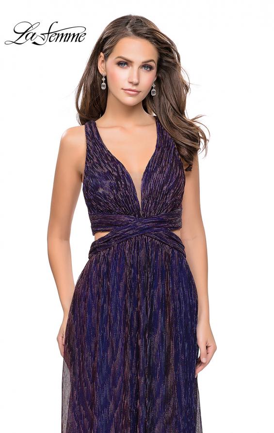 Picture of: Pleated Lame Prom Dress with Cut Outs and a Deep V in Purple/Multi, Style: 25643, Detail Picture 1
