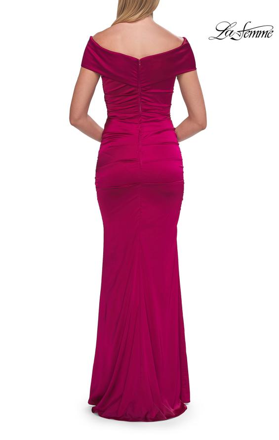 Picture of: Off-the-Shoulder Ruched Satin Evening Gown in Raspberry, Style: 33620, Detail Picture 8