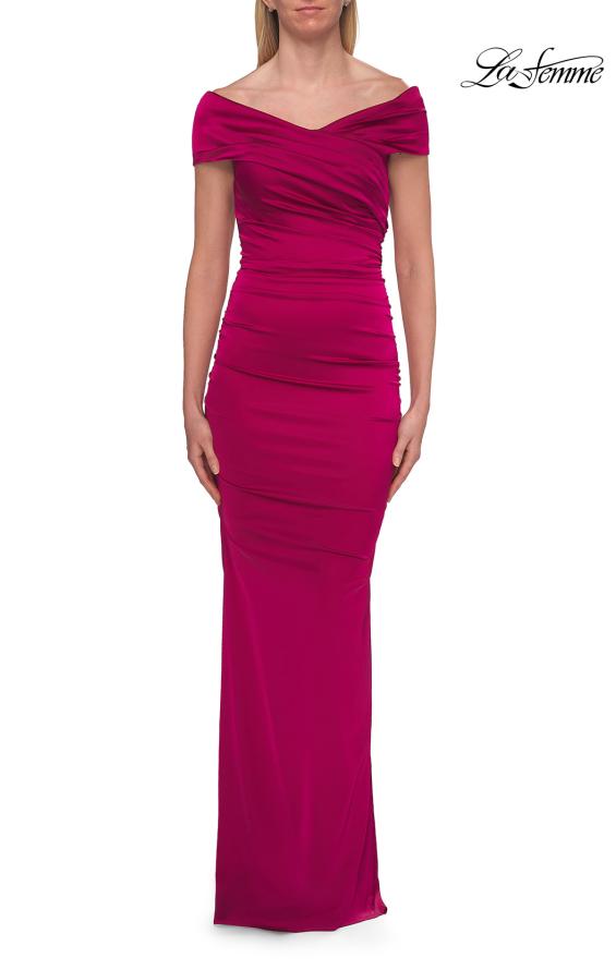 Picture of: Off-the-Shoulder Ruched Satin Evening Gown in Raspberry, Style: 33620, Detail Picture 7