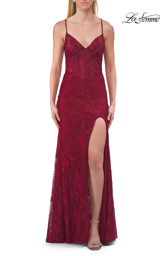 Picture of: Lace Embellished Gown with Spaghetti Straps and High Slit in Raspberry, Style: 33473, Detail Picture 8