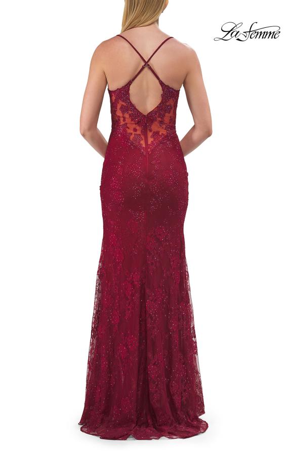 Picture of: Lace Embellished Gown with Spaghetti Straps and High Slit in Raspberry, Style: 33473, Detail Picture 9