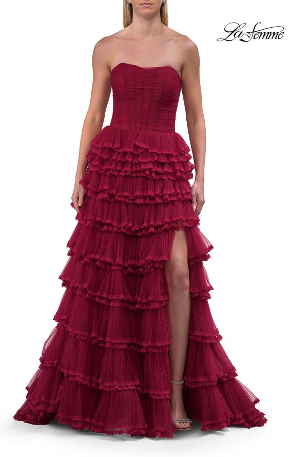 Picture of: Strapless Tiered Ruffle Tulle Gown with Slit in Raspberry, Style: 33727, Detail Picture 10