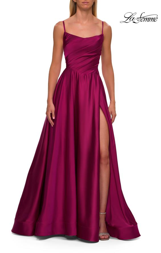 Pink Picture of: A-Line Satin Gown with Draped Bodice, Slit, and Lace-Up Back in Raspberry, Style: 33373, Detail Picture 11